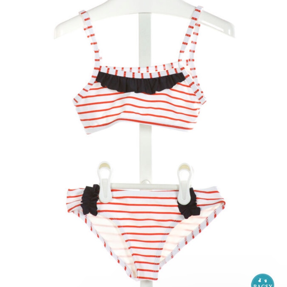 NWT Size 6 Busy Bees Off-White Striped 2-Piece Swimsuit with Navy Ruffle!